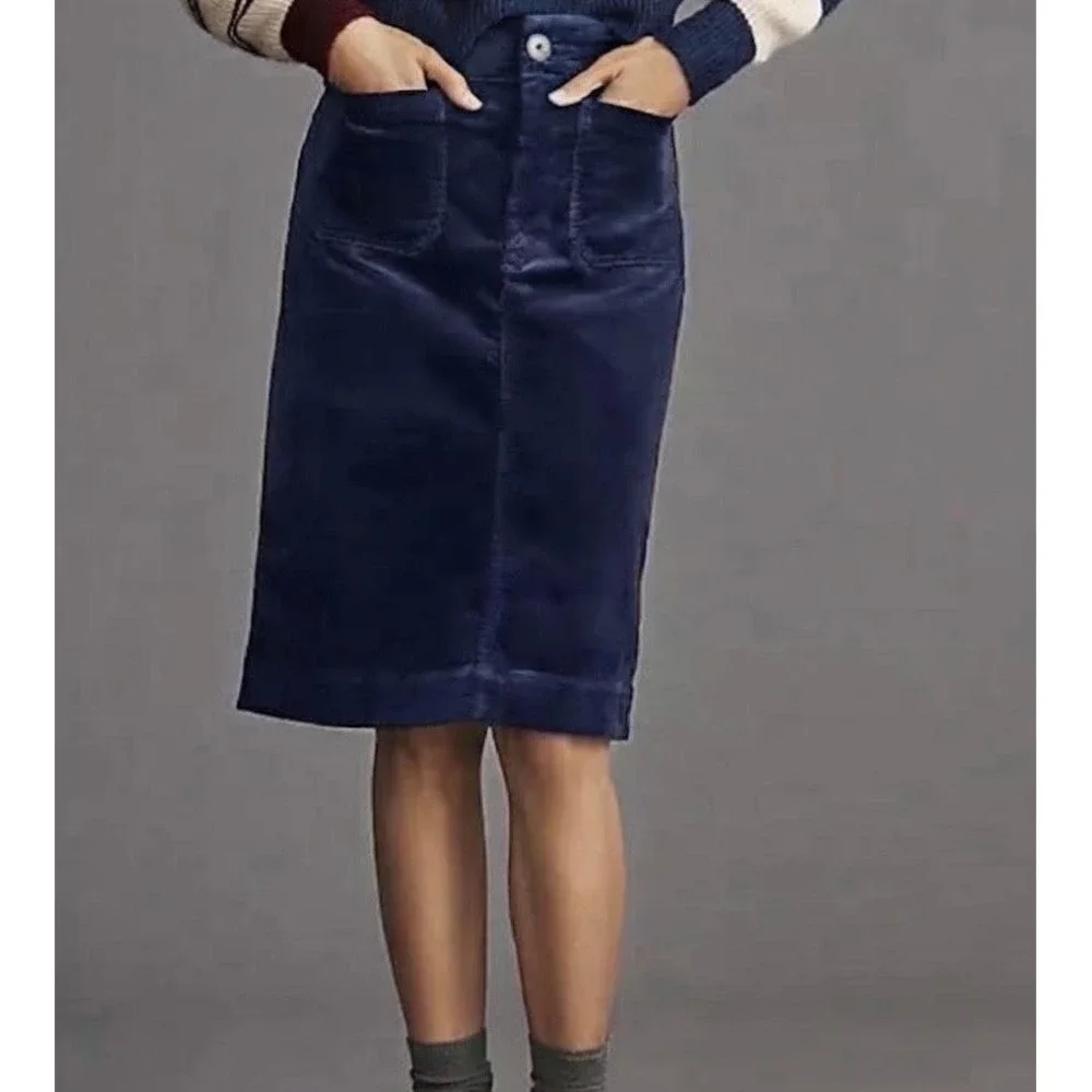 Maeve Anthropologie Collette Navy Corduroy Pocket Midi Skirt Large